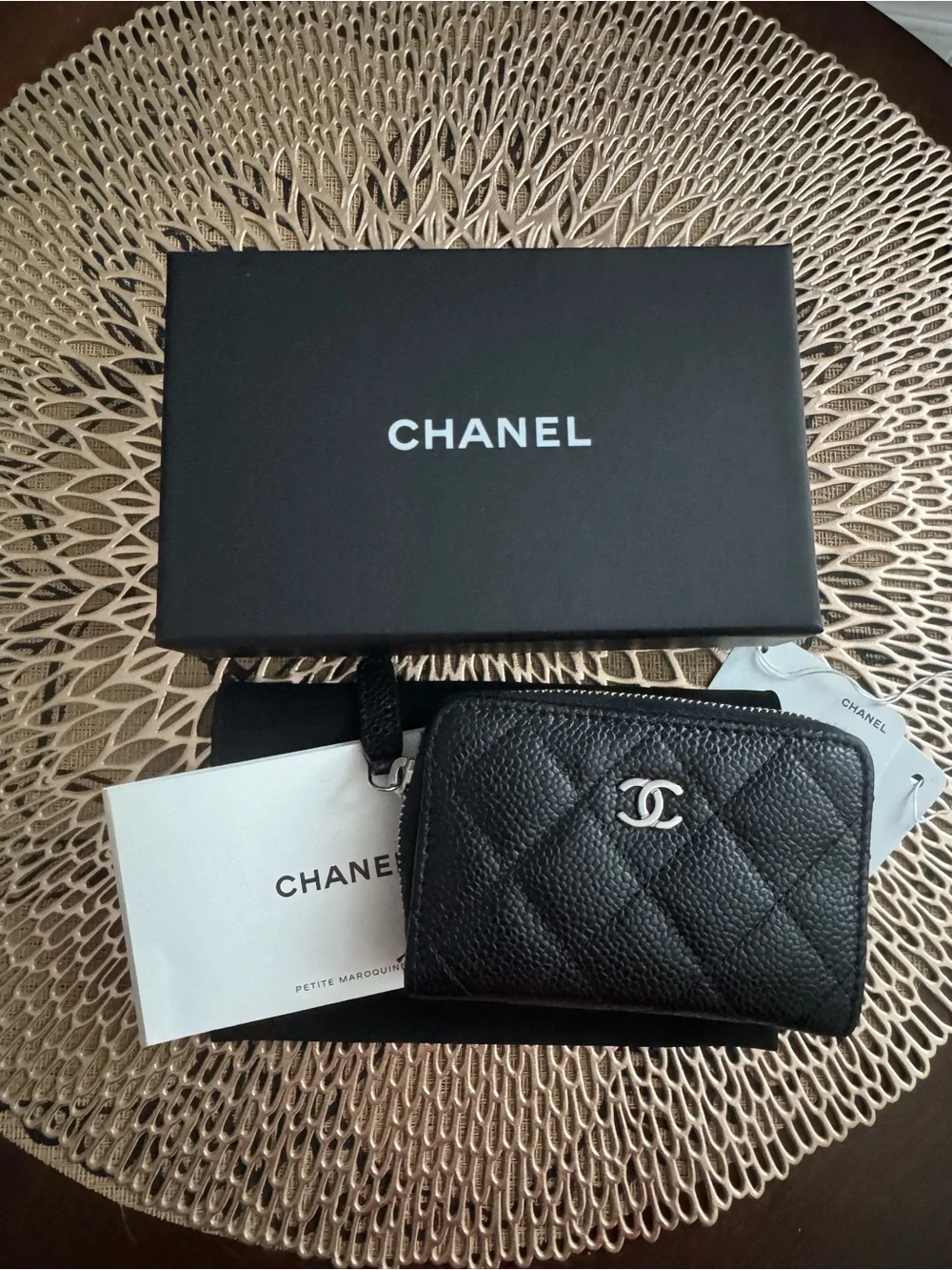 CHANEL Black Quilted Caviar Leather Zip Card Wallet with Silver CC